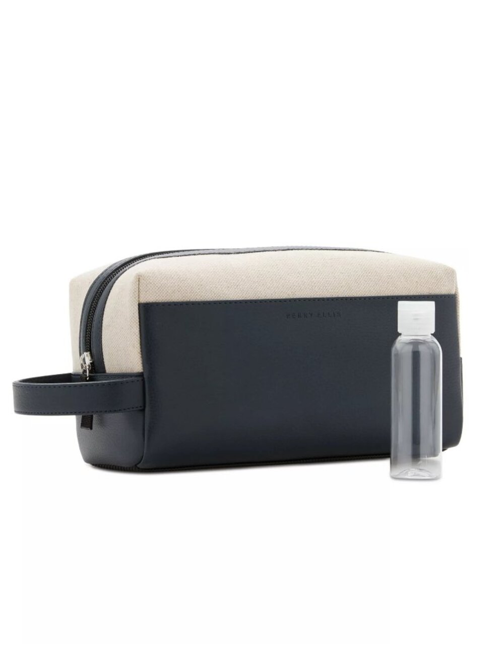 Perry Ellis Portfolio Mens Mixed Media Travel Toiletry Bag, Navy Blue With Beige